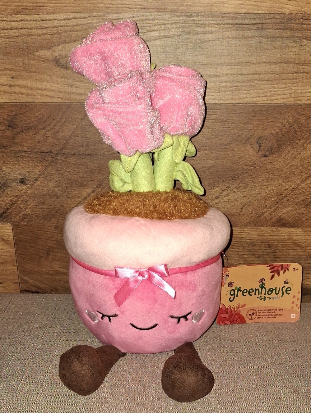 Russ Pink Plush Flower Pot with Green Stems and Brown Feet